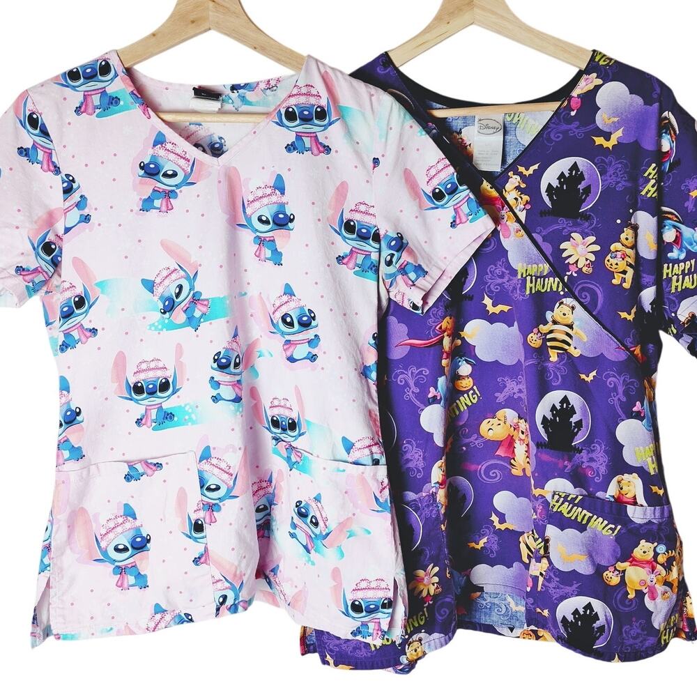 Disney Winnie the Pooh & Stitch Scrubs Tops Purple/Pink Small & Large